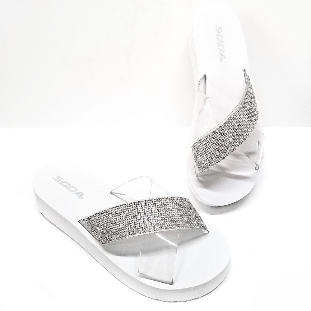 New White Rhinestone Platform Slides Foam Sandals